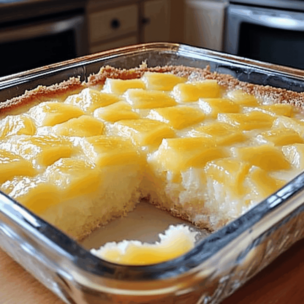 Juicy pineapple heaven cake in a glass baking dish, topped with golden pineapple chunks and creamy layers – a perfect tropical dessert.