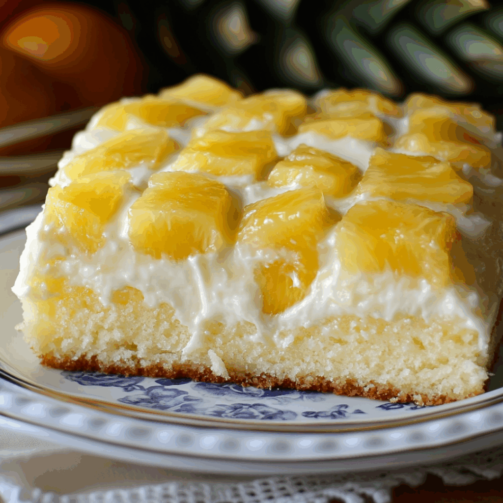 Juicy Pineapple Heaven Cake – 5 Irresistible Reasons to Try This Tropical Delight 9 Pineapple Heaven Cake slice topped with whipped cream and fresh pineapple chunks, served as a refreshing tropical dessert.