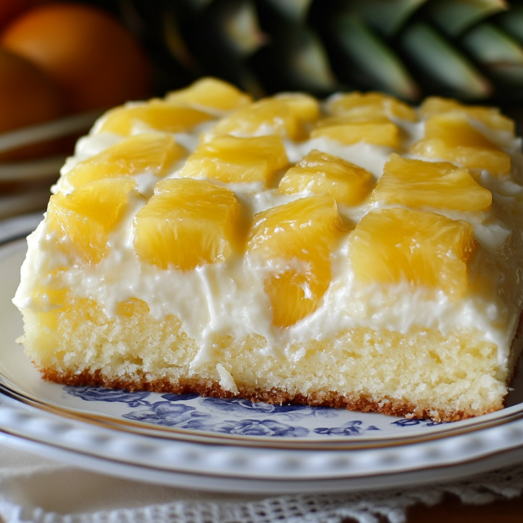 Pineapple Heaven Cake slice topped with whipped cream and fresh pineapple chunks, served as a refreshing tropical dessert.