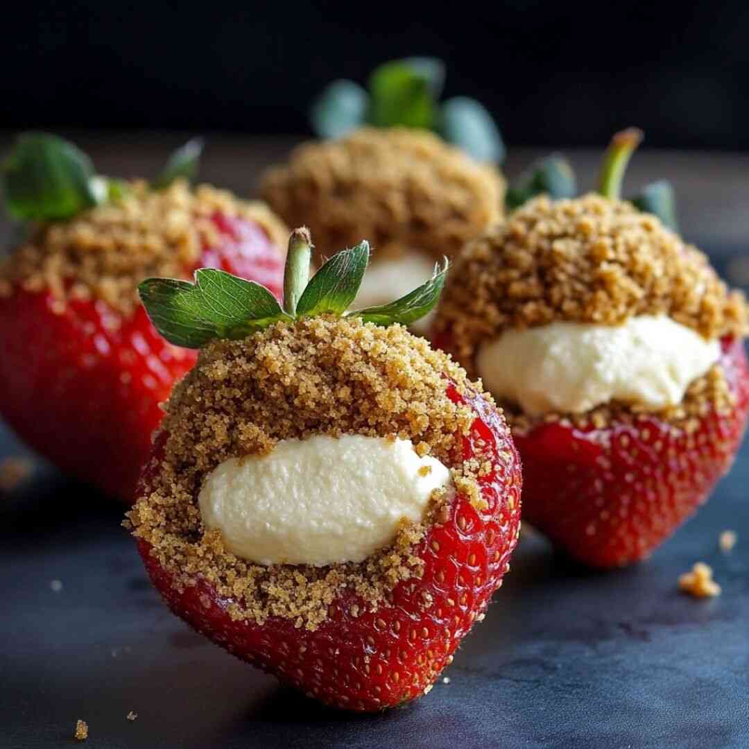 Cookie Butter Cheesecake Stuffed Strawberries 1 Close-up of cookie butter cheesecake stuffed strawberries coated in crushed cookie crumbs on a dark background.