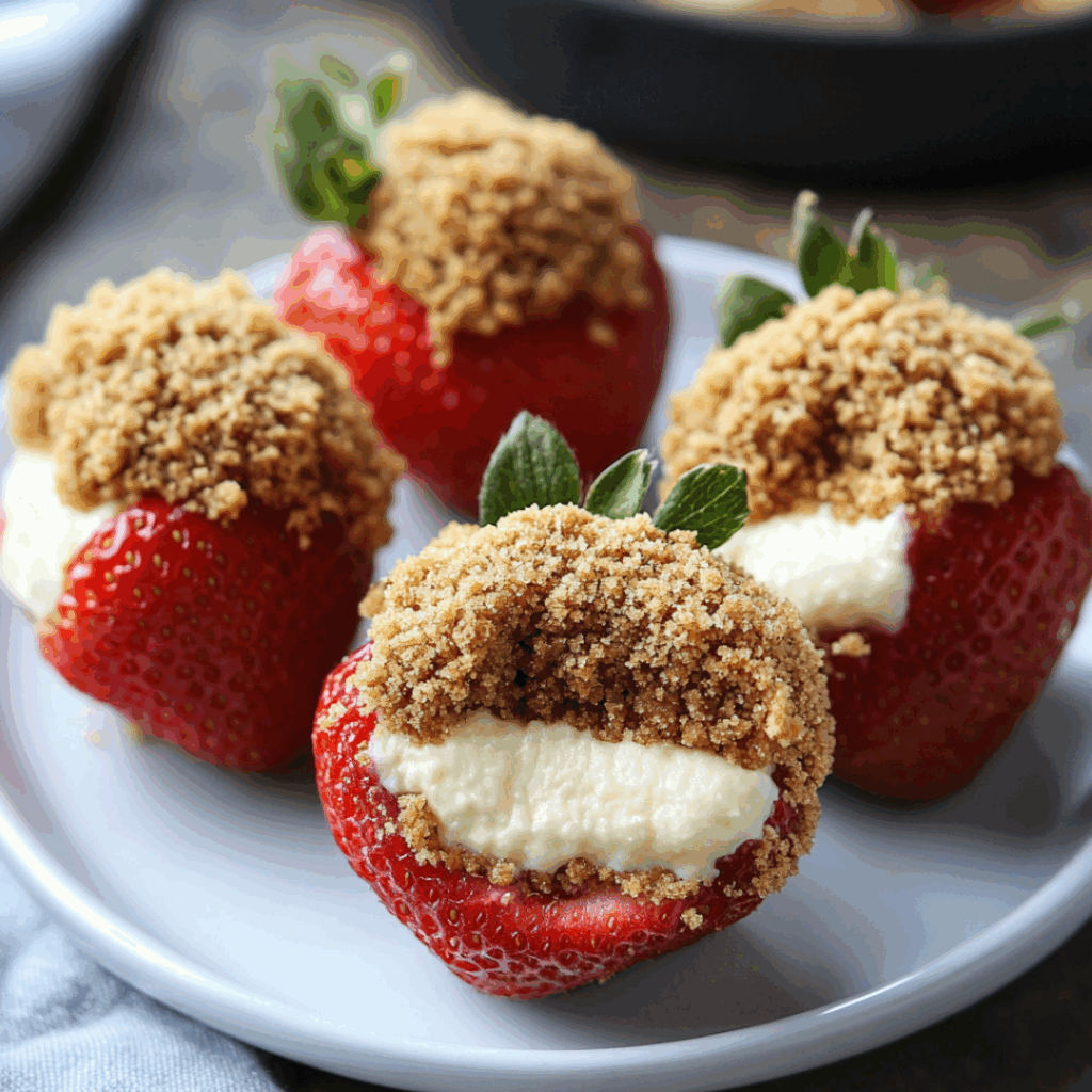 Cookie Butter Cheesecake Stuffed Strawberries 2 Cookie Butter Cheesecake Stuffed Strawberries topped with crushed cookie crumbs — an easy no-bake dessert served on a white plate.