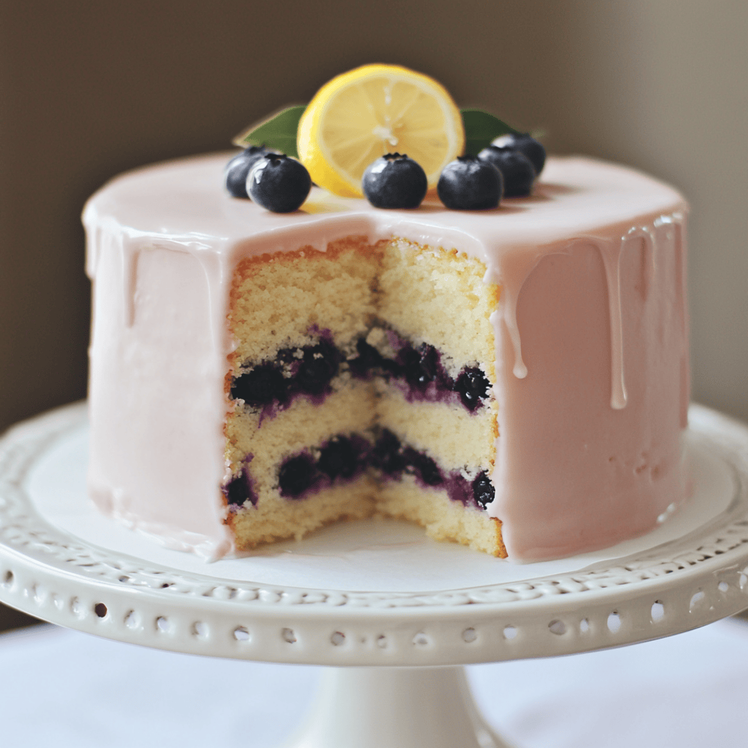 Two-layer Blueberry Lemonade Buttermilk Cake with blueberries and lemon slice on top, covered in pink lemonade glaze and displayed on a white cake stand.