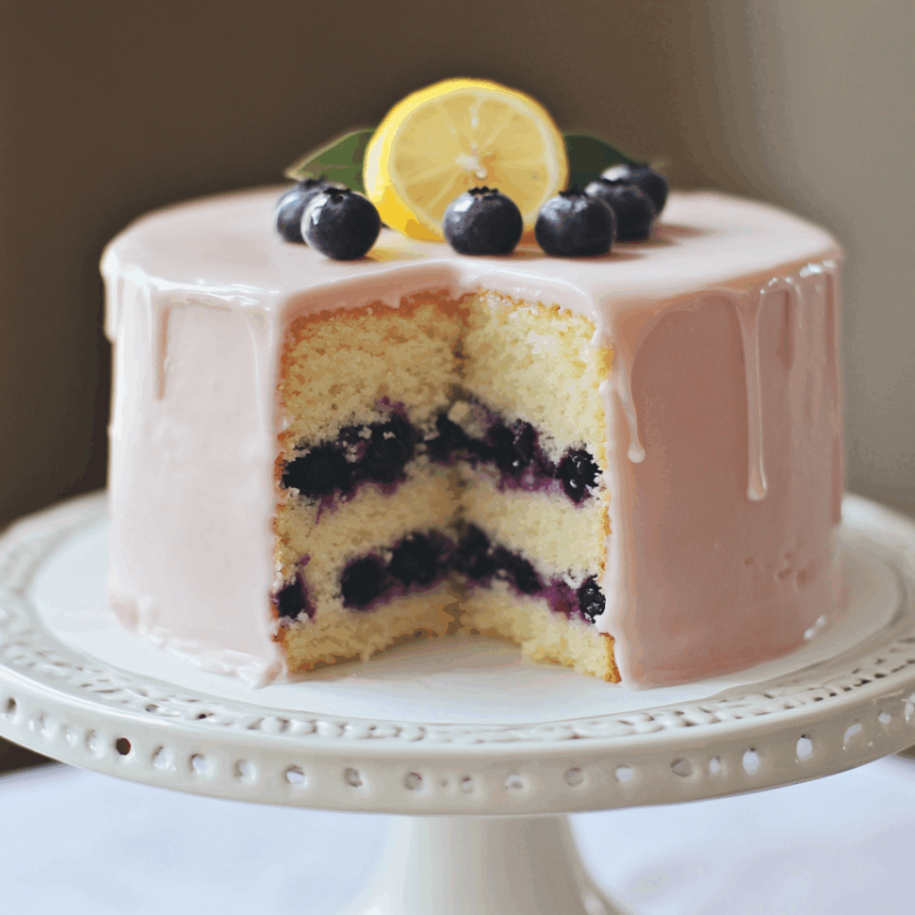 Blueberry Lemonade Buttermilk Cake – 7 Irresistible Reasons You’ll Adore It 7 Two-layer Blueberry Lemonade Buttermilk Cake with pink lemon glaze, fresh blueberries, and lemon slice garnish on a white cake stand..