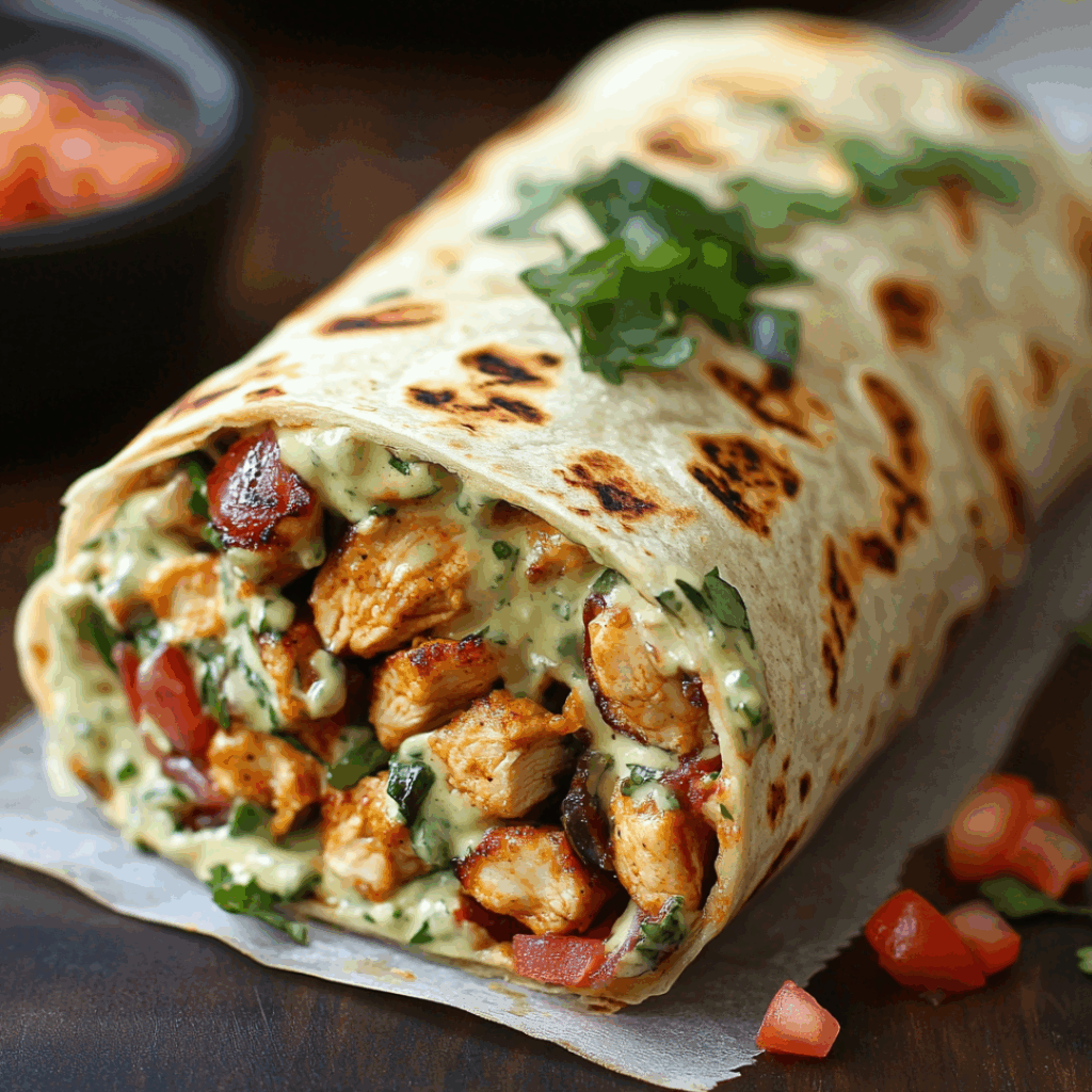 Chipotle Ranch Grilled Chicken Burrito: A Flavor-Packed Favorite 2 "Close-up of a Chipotle Ranch Grilled Chicken Burrito filled with juicy grilled chicken, fresh tomatoes, cilantro, and creamy chipotle ranch sauce, served on a white plate."