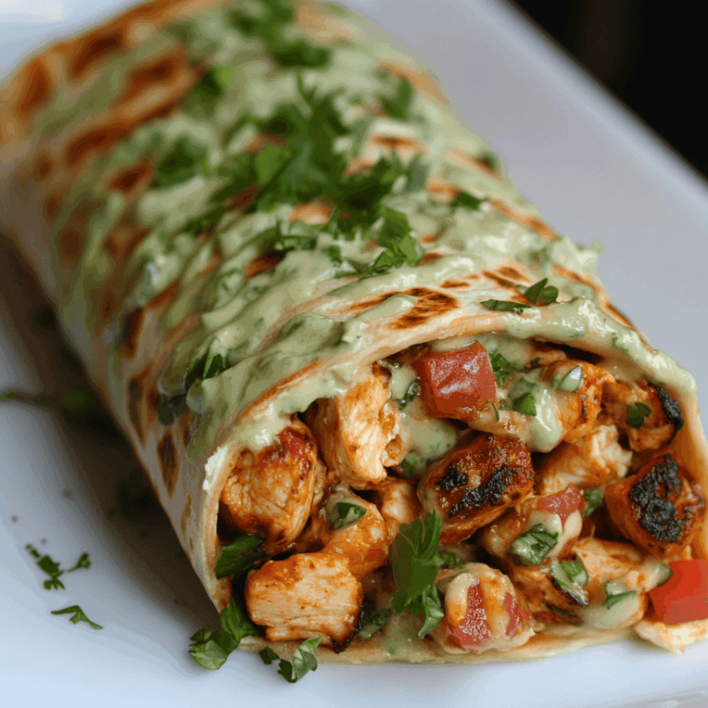 Chipotle Ranch Grilled Chicken Burrito: A Flavor-Packed Favorite 6 Grilled chicken burrito topped with chipotle ranch sauce and garnished with fresh cilantro on a white plate.