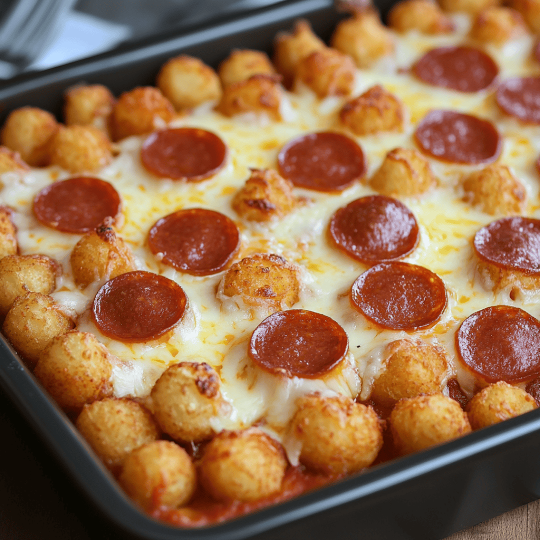 Easy Tater Tot Pizza Casserole: A Family Dinner Favorite 1 Pepperoni tater tot Pizza casserole baked with melted cheese in a black baking dish.