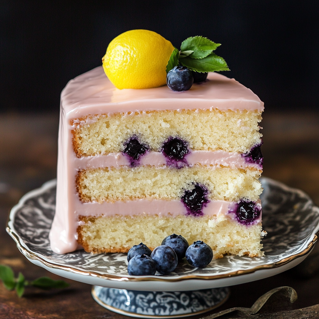 Blueberry Lemonade Buttermilk Cake – 7 Irresistible Reasons You’ll Adore It 2 Slice of Blueberry Lemonade Buttermilk Cake with pink lemon glaze, fresh blueberries, and a lemon garnish on a decorative plate.