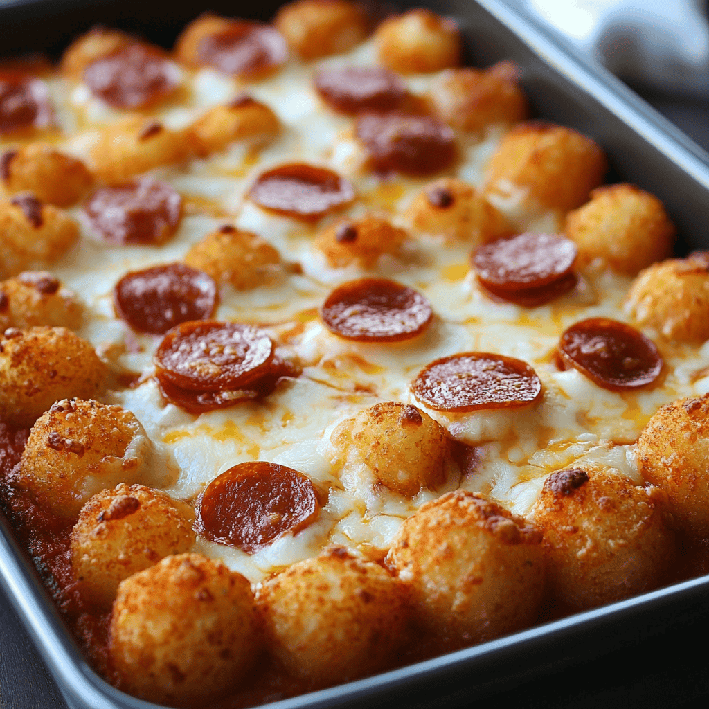 Easy Tater Tot Pizza Casserole: A Family Dinner Favorite 2 Tater Tot pizza casserole baked in a metal pan, topped with melted cheese, crispy tater tots, and slices of pepperoni.