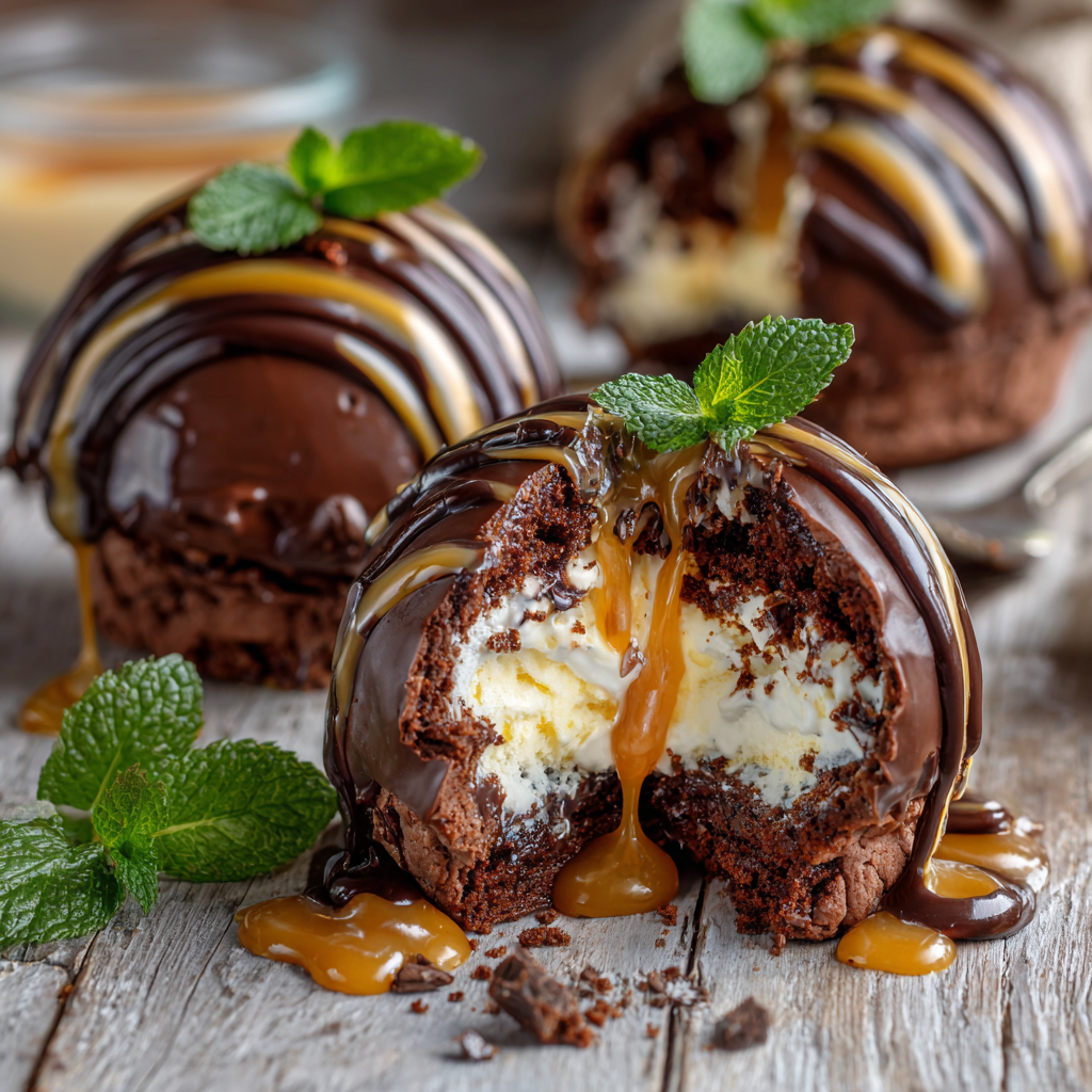 Easy Brownie Ice Cream Bombes: The Ultimate Crowd-Pleaser Dessert 4 Easy Brownie Ice Cream Bombe dessert with caramel drizzle and mint garnish