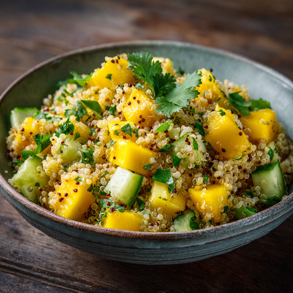 Summer Mango Quinoa Salad – Easy, Healthy & Ready in 10 Minutes 3 Summer Mango Quinoa Salad with mango cubes, cucumber, cilantro, and quinoa in a rustic ceramic bowl
