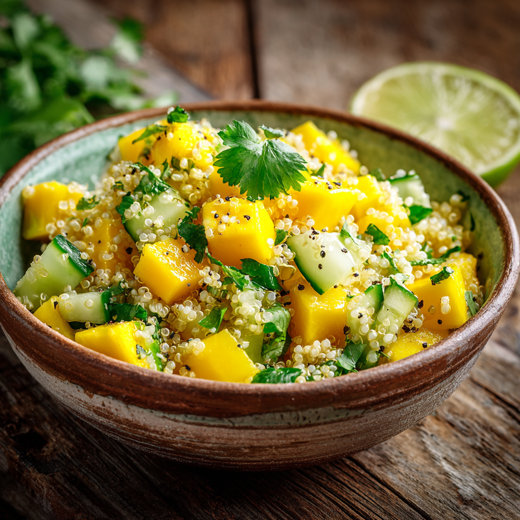 Summer Mango Quinoa Salad – Easy, Healthy & Ready in 10 Minutes 2 Summer Mango Quinoa Salad with fresh mango cubes, cucumber pieces, cilantro, and quinoa served in a rustic ceramic bowl on a wooden table.
