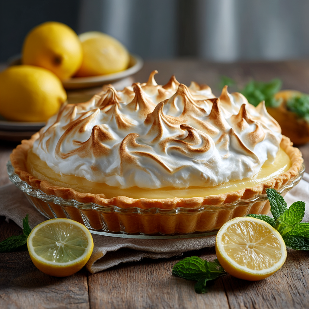 Clear Lemon Meringue Pie: 5 Easy Tricks Make It Look Like Glass 2 Clear Lemon Meringue Pie with perfectly toasted meringue swirls, fresh lemon slices, and mint leaves on a rustic wooden table