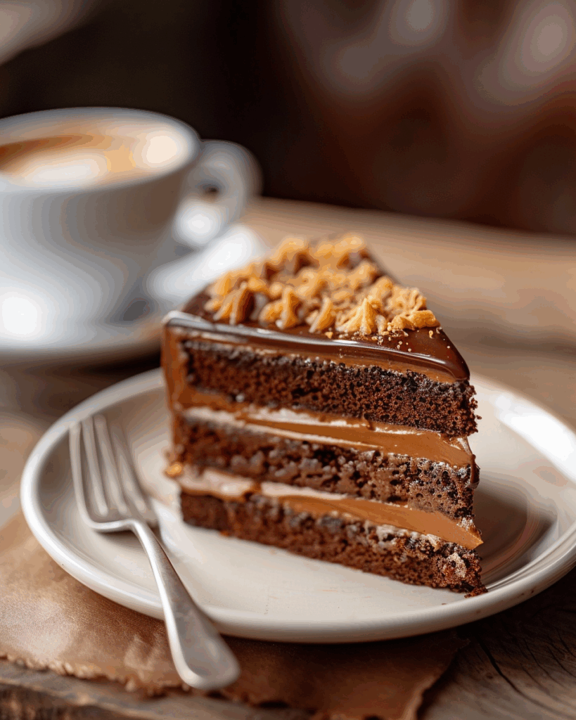 crunchy chocolate caramel cake 2 Slice of crunchy chocolate caramel cake with layers of chocolate sponge, caramel filling, and ganache, served on a white plate with a fork and a cup of coffee in the background.