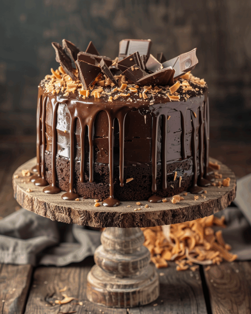crunchy chocolate caramel cake 2 Crunchy chocolate caramel cake with ganache drip, chocolate shards, and caramel crunch on a rustic wooden cake stand