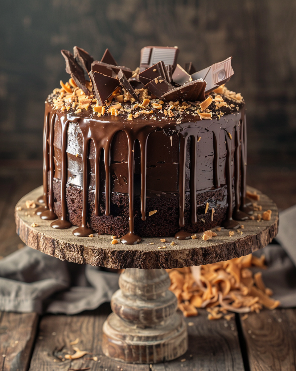 crunchy chocolate caramel cake 1 Crunchy chocolate caramel cake with ganache drip, chocolate shards, and caramel crunch on a rustic wooden cake stand