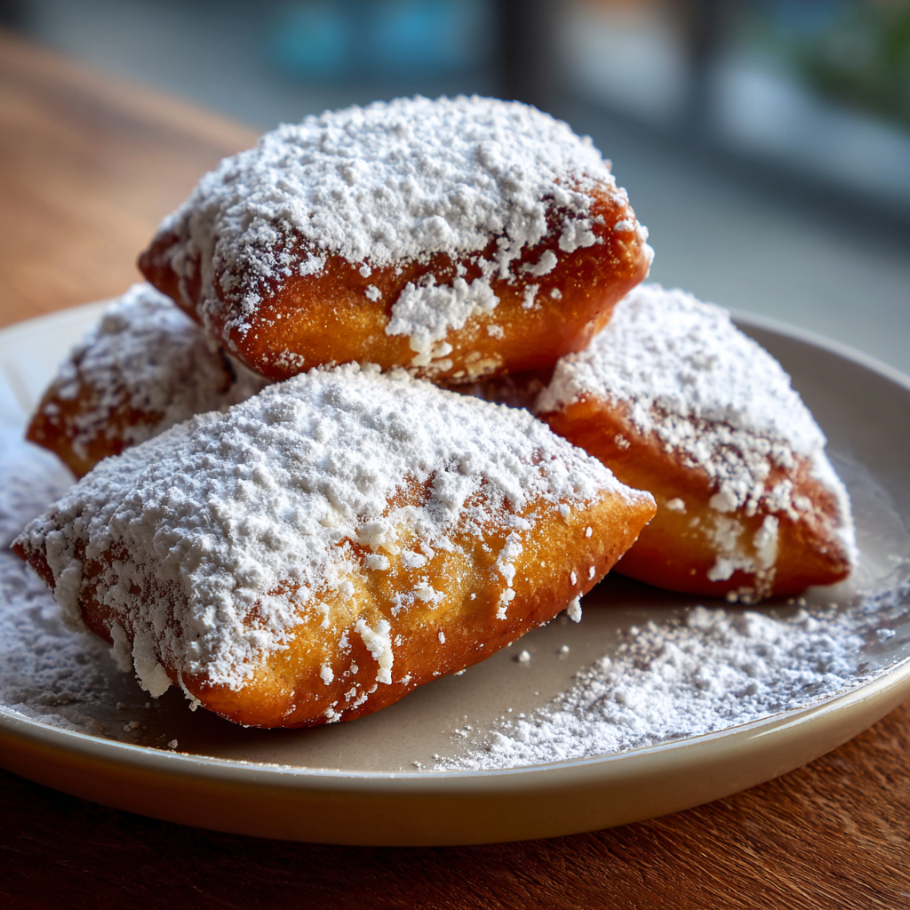 Close-up of golden gluten-free beignets topped with powdered sugar on a ceramic plate