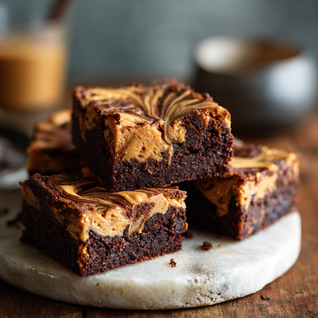 Peanut Butter Swirl Brownies – A Perfect Blend of Chocolate and Peanut Butter 9 Close-up of fudgy Peanut Butter Swirl Brownies with a rich chocolate base and creamy peanut butter swirls on top, stacked on a marble board, perfect for dessert lovers.