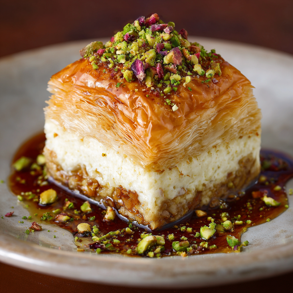 Golden Baklava Cheesecake Phyllo Bites with Honey Glaze 10 Golden baklava cheesecake phyllo bite with honey glaze and pistachios