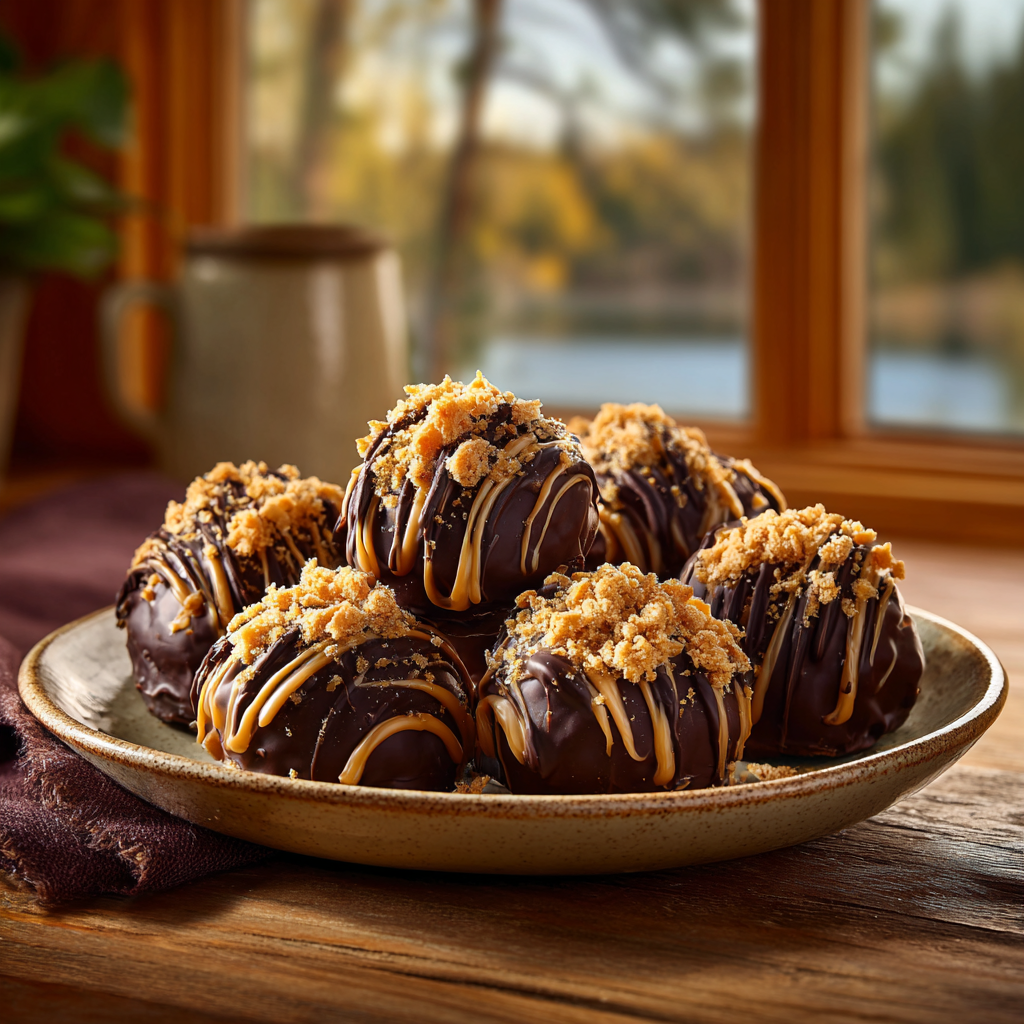 Butterfinger Chocolate Caramel Crunch Truffles 2 Butterfinger Chocolate Caramel Crunch Truffles with caramel drizzle and crushed candy topping