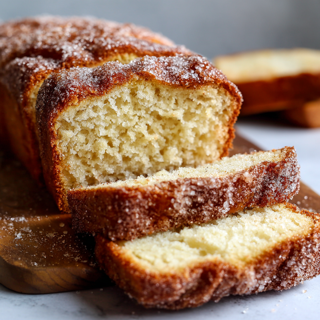 Cozy Cinnamon Sugar Donut Bread Recipe – A Warm, Irresistible Treat 3 Close-up of sliced cinnamon sugar donut bread with a crispy sugar crust