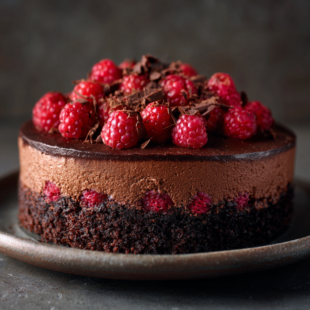Indulge in Dark Chocolate Raspberry Mousse Cake: A Simple Dessert Recipe 1 Dark chocolate raspberry mousse cake on a ceramic plate, featuring a rich chocolate sponge base, a smooth chocolate mousse layer with embedded raspberries, and a topping of fresh raspberries and dark chocolate shavings.
