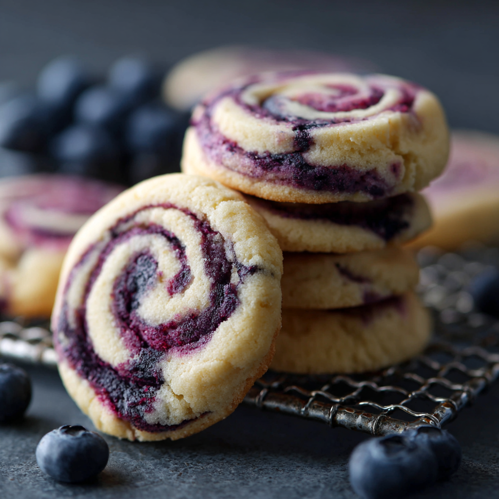 Easy Blueberry Cheesecake Swirl Cookies for Dessert Lovers 4 “Close-up of freshly baked Easy Blueberry Cheesecake Swirl Cookies stacked on a cooling rack, with vibrant blueberry swirls and scattered fresh blueberries.”