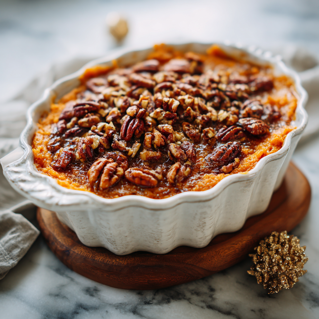 Sweet Potato Casserole with Pecan Topping – The Ultimate Holiday Side Dish 2 Golden sweet potato casserole topped with whole and chopped pecans, baked in a white scalloped ceramic dish and placed on a wooden board – perfect for Thanksgiving or Christmas dinners.