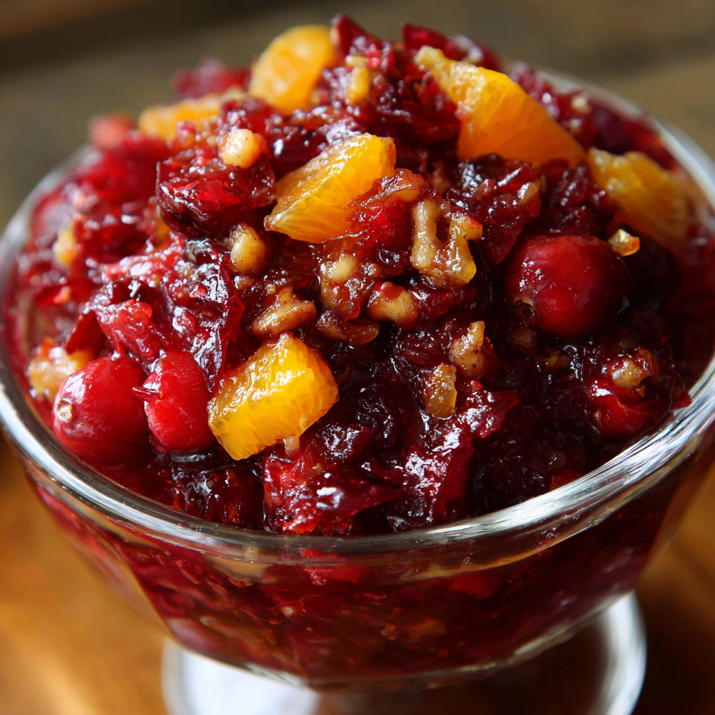 Cranberry Orange Relish: Fresh, Zesty, and Irresistible 4 Fresh Cranberry Orange Relish in a Glass Bowl with Citrus and Nuts