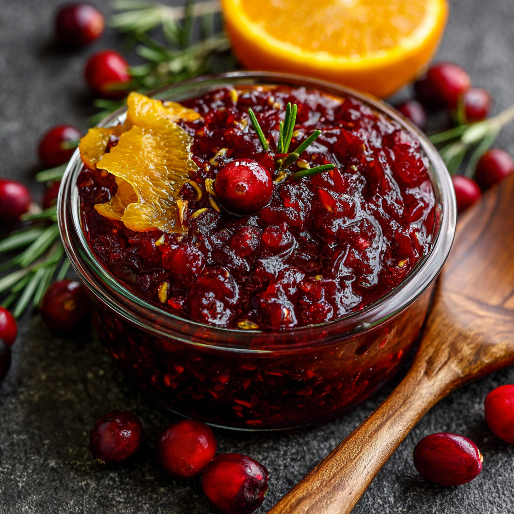 Cranberry Orange Relish: Fresh, Zesty, and Irresistible 2 Cranberry Orange Relish in a Glass Jar Garnished with Citrus Peel and Fresh Rosemary