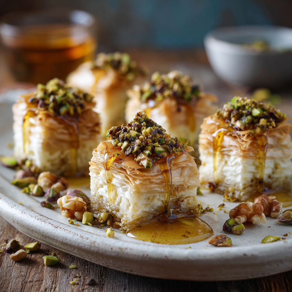 Golden Baklava Cheesecake Phyllo Bites with Honey Glaze 2 Close-up of baklava cheesecake phyllo bites topped with crushed pistachios and dripping honey