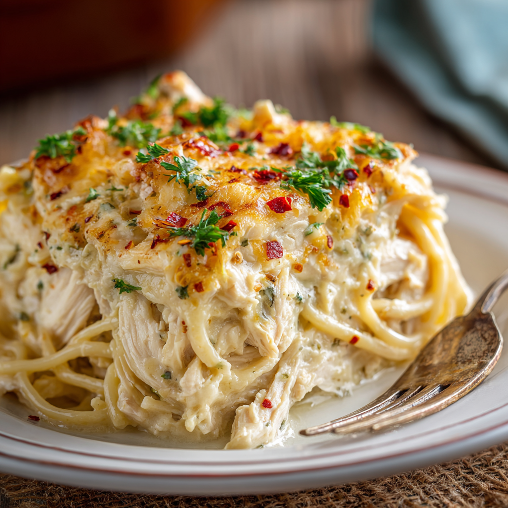 The Comfort of Southern Casseroles 2 A close-up of a single serving of Spicy Southern Chicken Spaghetti Casserole on a plate, showing layers of creamy spaghetti, tender shredded chicken, and melted golden cheese topped with parsley and red pepper flakes.