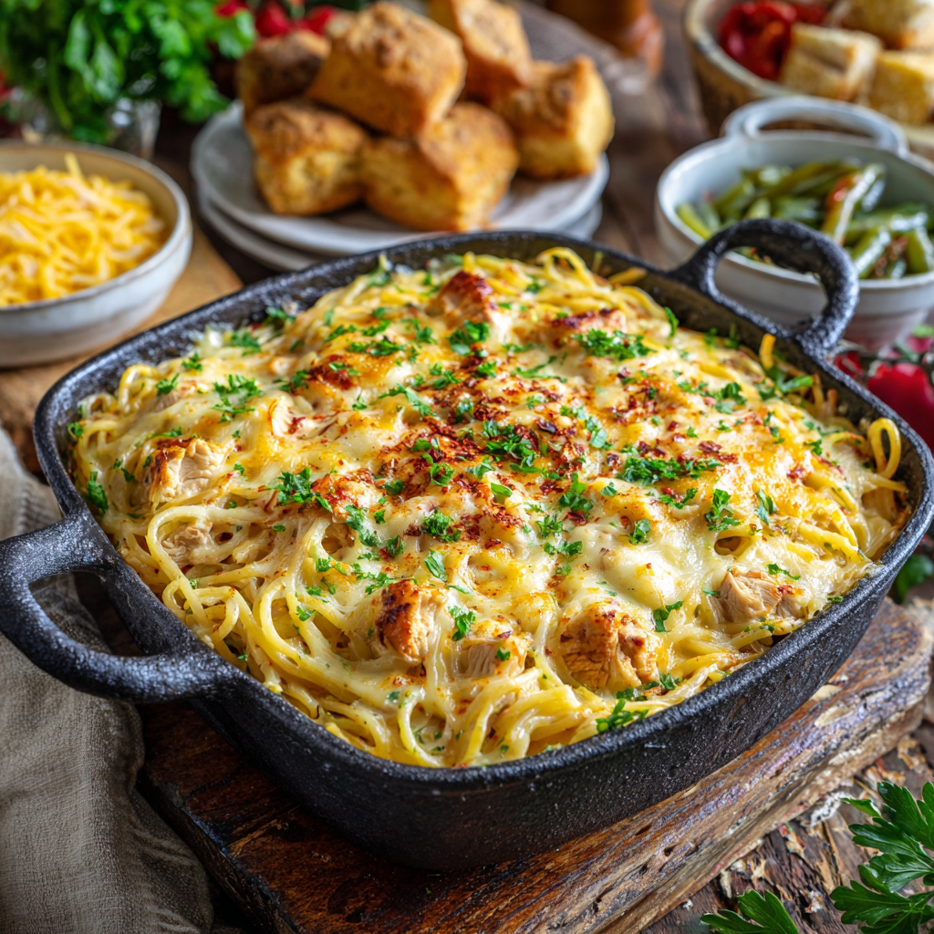 Golden cheesy Spicy Southern Chicken Spaghetti Casserole baked in a rustic dish, topped with melted cheddar, parsley, and red pepper flakes.