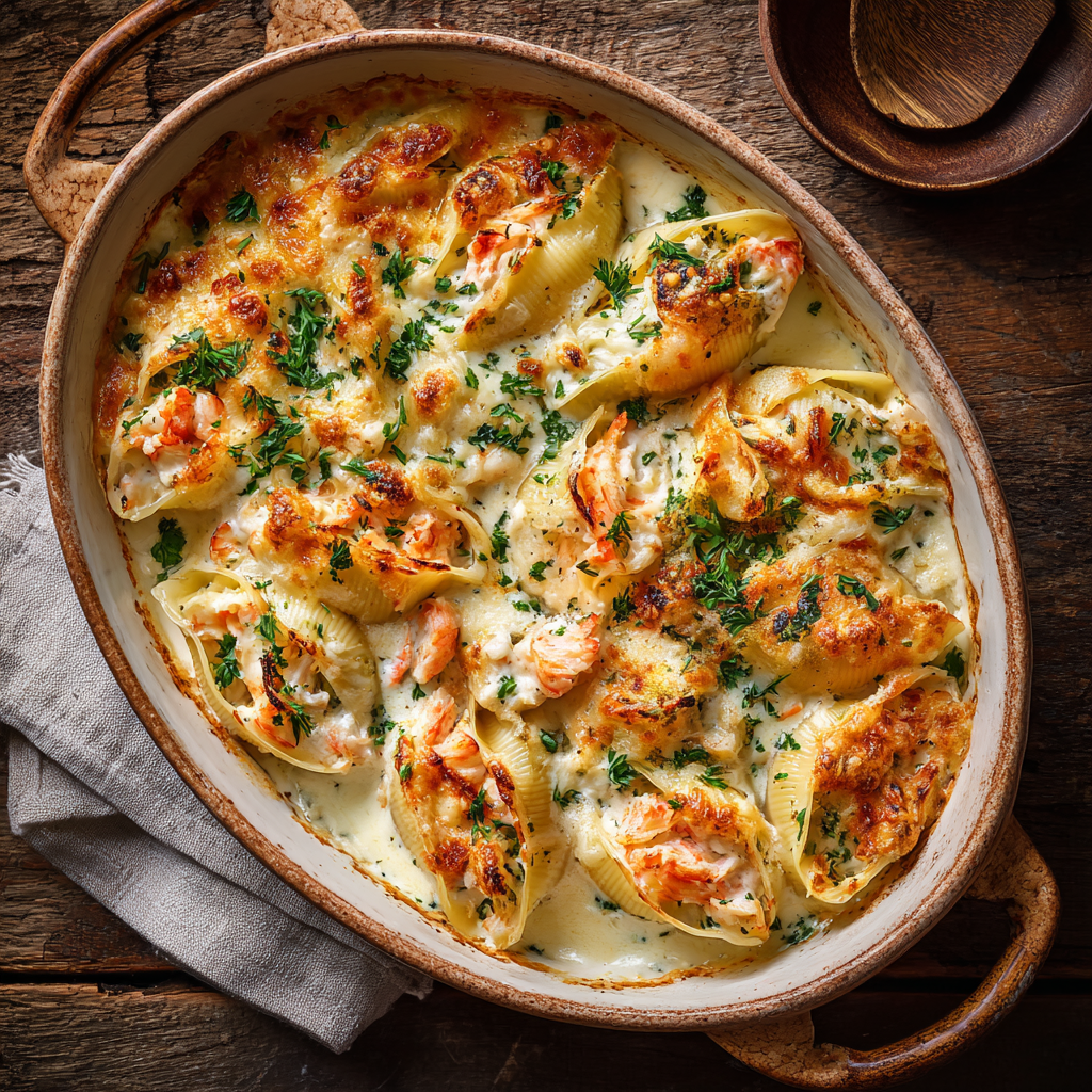 Irresistible Creamy Seafood Stuffed Shells – The Ultimate Comfort Food Recipe 2 A rustic baking dish filled with creamy seafood stuffed shells, topped with golden melted cheese, shrimp pieces, and fresh parsley, baked in a rich white sauce.