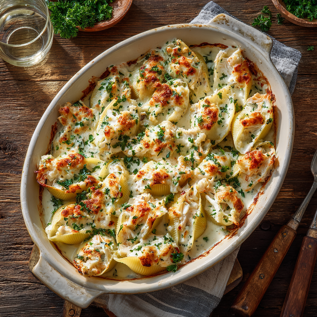 A rustic baking dish filled with creamy seafood stuffed shells, topped with golden melted cheese, shrimp, crab, and fresh parsley in a rich white sauce.