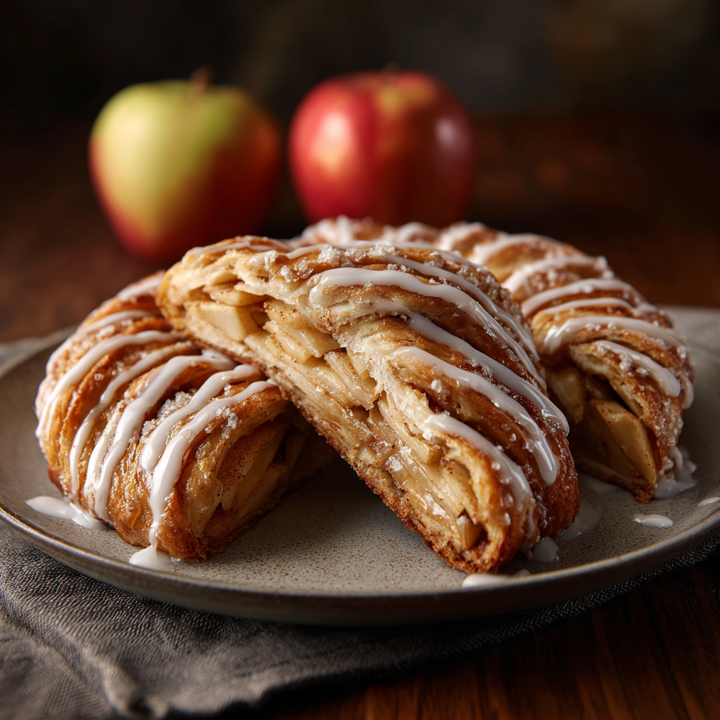 Cozy Apple Kringle with Vanilla Glaze – A Perfect Fall Pastry 2 
A sliced Apple Kringle pastry with a golden flaky crust, filled with layers of spiced apple slices, and drizzled with white vanilla glaze. The pastry is served on a rustic plate with fresh red and green apples in the background.