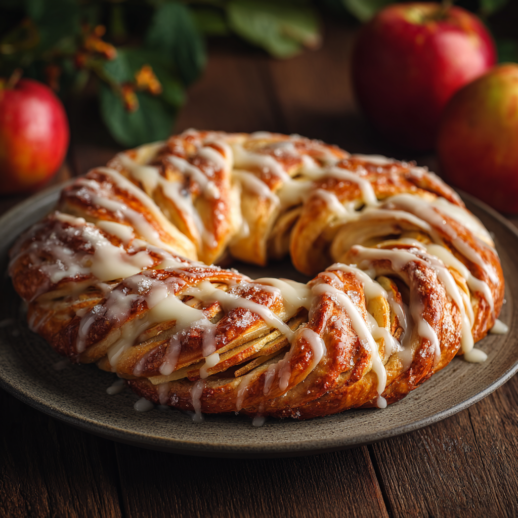 Cozy Apple Kringle with Vanilla Glaze – A Perfect Fall Pastry 10 A freshly baked Scandinavian-style Apple Kringle pastry, golden brown and braided into a ring, drizzled with creamy vanilla glaze, served on a rustic plate with apples in the background.