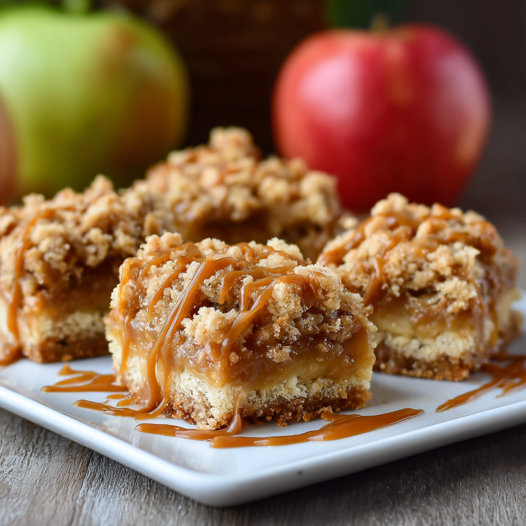 Irresistible Caramel Apple Crumble Bars for Fal 2 Close-up of caramel apple crumble bars on a white plate, drizzled with golden caramel sauce, with fresh apples blurred in the background