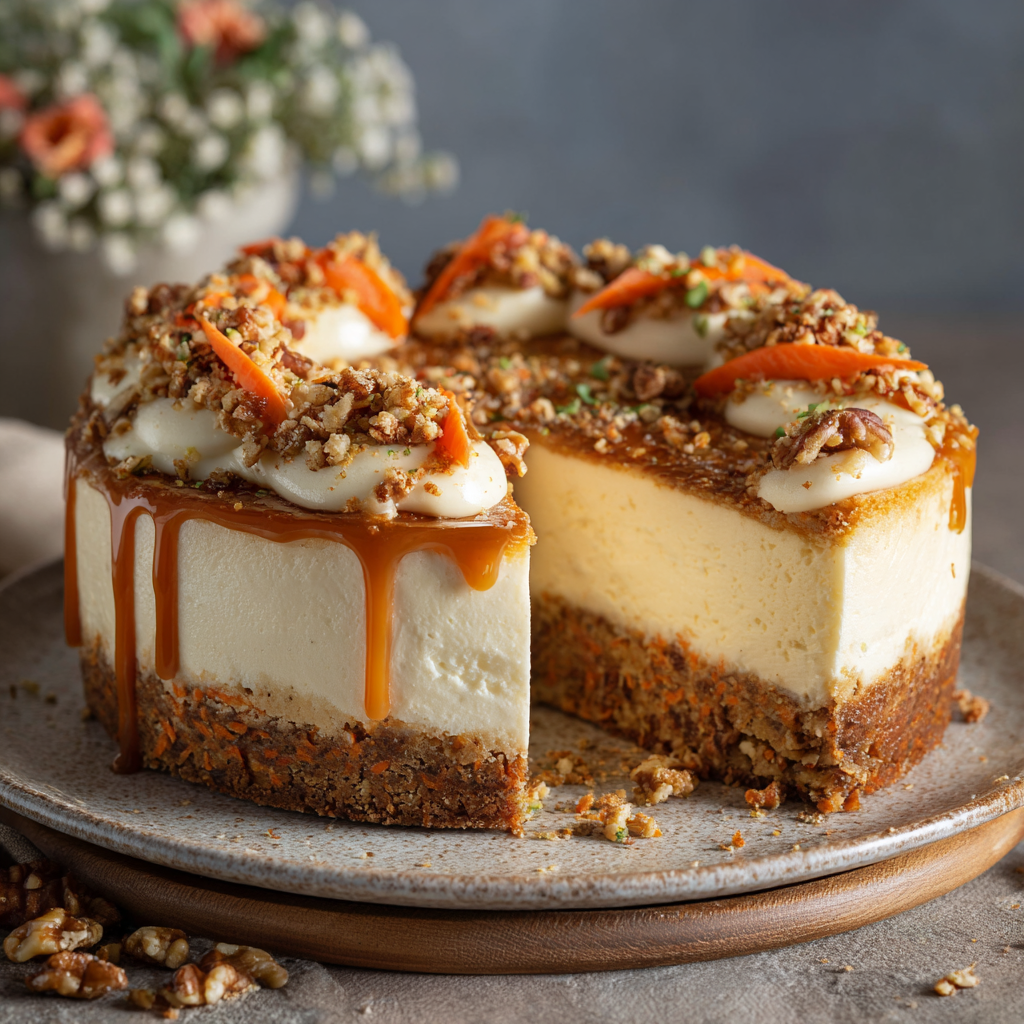 Carrot Cake Cheesecake with Creamy Topping – The Perfect Dessert Fusion 9 Carrot Cake Cheesecake topped with creamy frosting, caramel drizzle, and crunchy nut topping, served on a rustic plate.