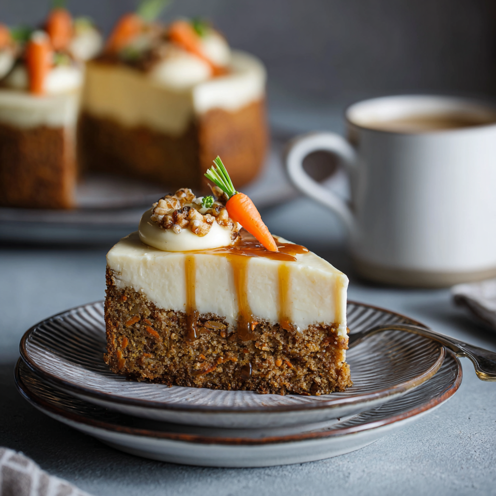Carrot Cake Cheesecake with Creamy Topping – The Perfect Dessert Fusion 2 Slice of carrot cake cheesecake topped with creamy frosting, caramel drizzle, and a decorative mini carrot, served on a plate with a cup of coffee in the background.