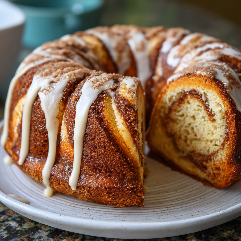 Cinnamon Swirl Bundt Cake: The Ultimate Guide to a Moist and Fluffy Dessert 6 Moist cinnamon swirl bundt cake with white glaze drizzled on top, served on a plate with a visible cinnamon sugar swirl inside.