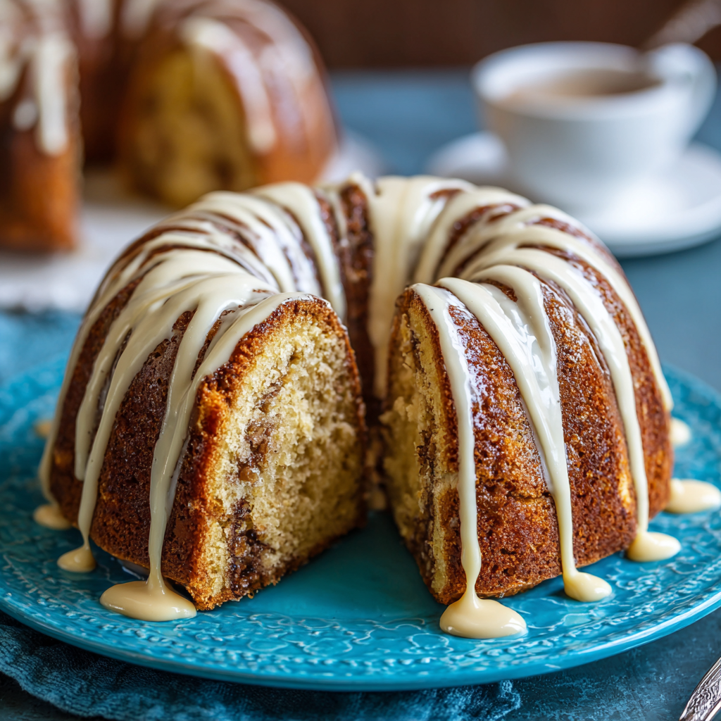 Cinnamon Swirl Bundt Cake: The Ultimate Guide to a Moist and Fluffy Dessert 2 Freshly baked cinnamon swirl bundt cake with a golden-brown crust and white icing drizzle, served on a blue plate with a slice cut to reveal the moist cinnamon-filled interior.
