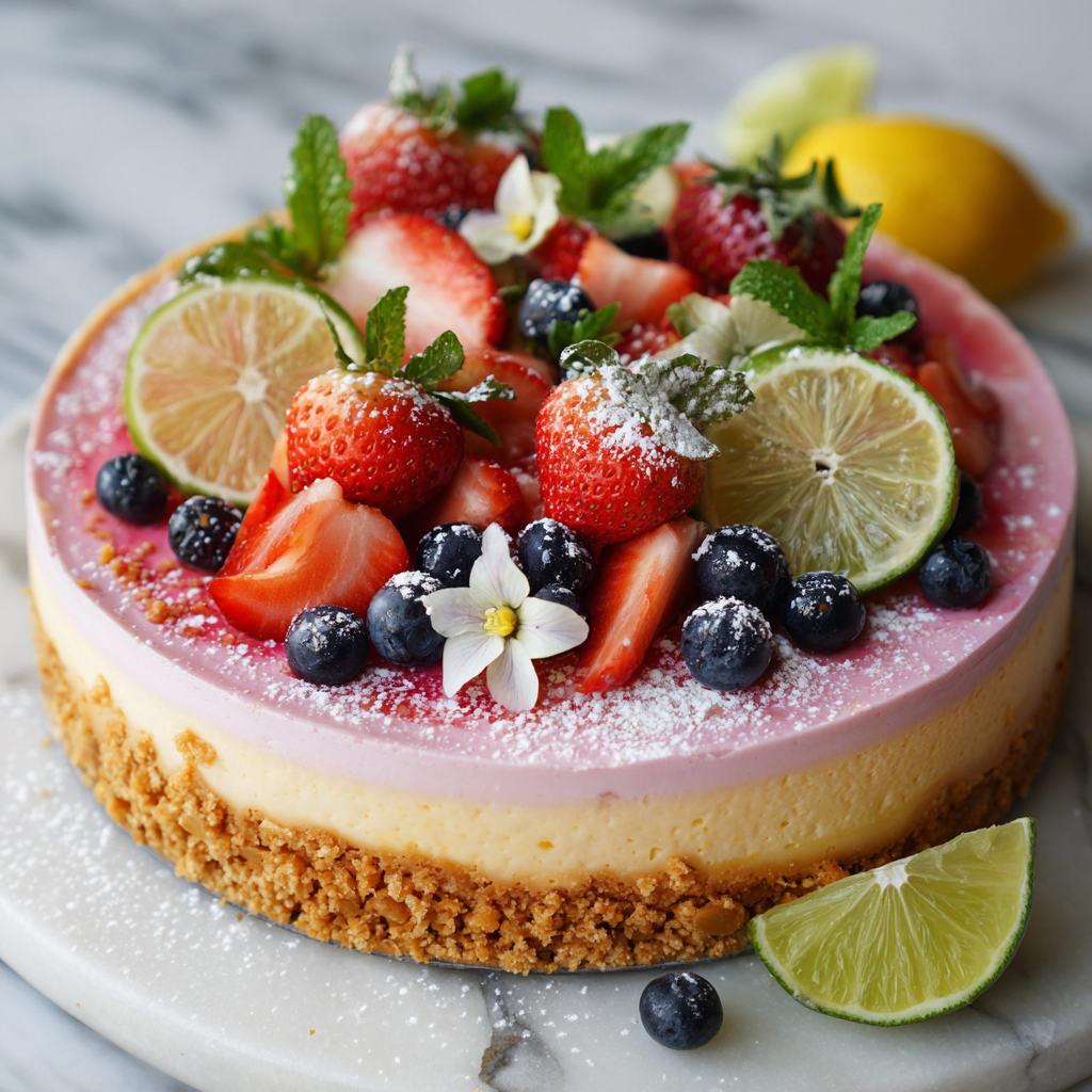 Citrus Burst Berry Cheesecake: A Refreshing No-Bake Dessert for Every Occasion 2 No bake citrus burst berry cheesecake with lime slices, strawberries, blueberries, mint leaves, and powdered sugar on a graham cracker crust, served on a marble board.