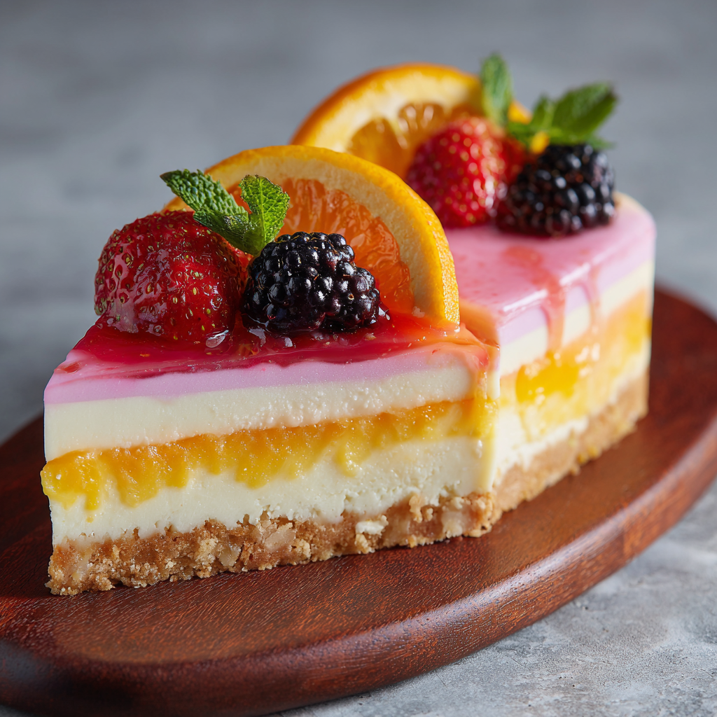 Citrus Burst Berry Cheesecake: A Refreshing No-Bake Dessert for Every Occasion 2 Slice of citrus burst berry cheesecake with layered filling of creamy cheesecake, orange citrus layer, and pink berry topping, decorated with fresh strawberries, blackberries, orange slices, and mint on a graham cracker crust.