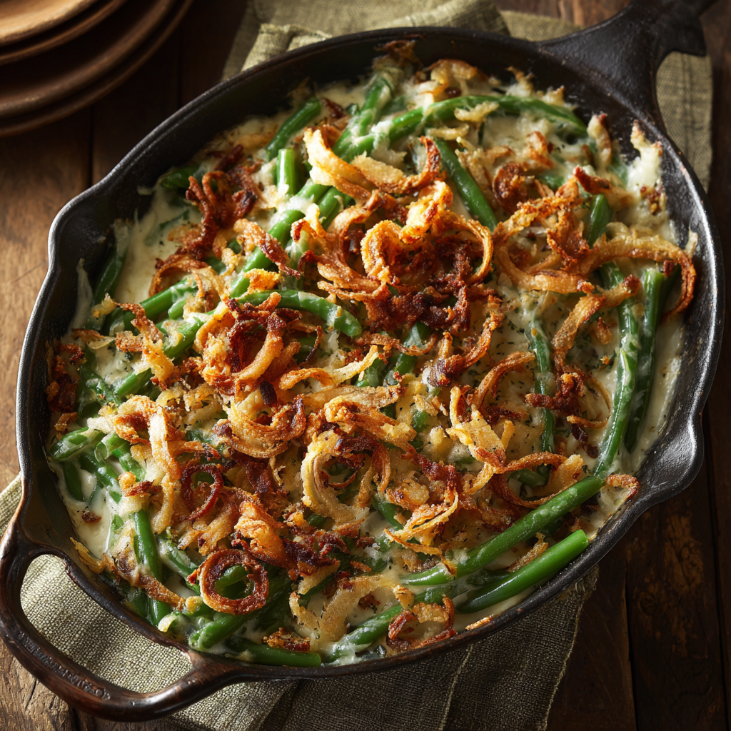 Classic Green Bean Casserole – Easy, Creamy, and Delicious Recipe 2 Classic Green Bean Casserole topped with crispy fried onions in a black skillet