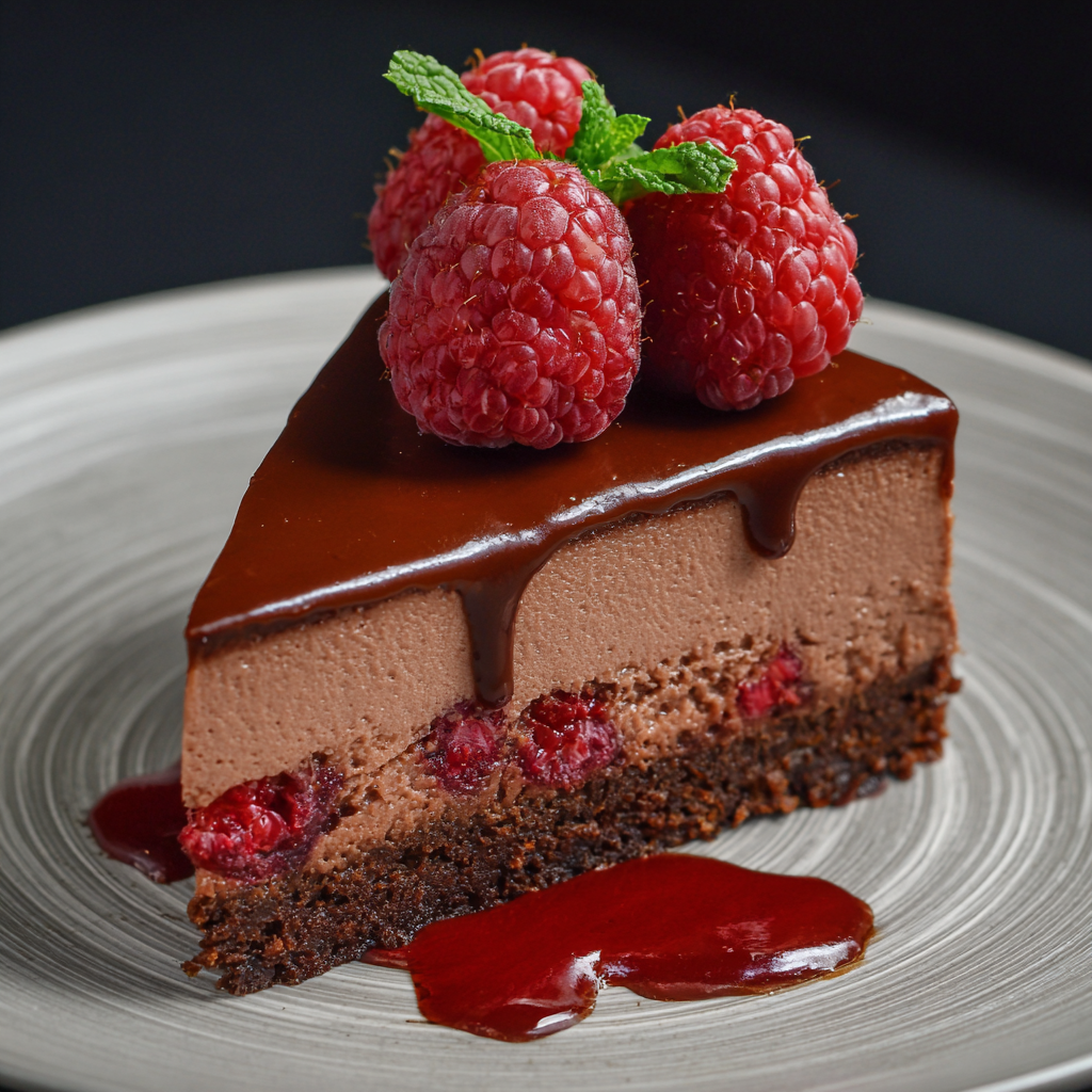 Indulge in Dark Chocolate Raspberry Mousse Cake: A Simple Dessert Recipe 2 A slice of dark chocolate raspberry mousse cake on a grey plate, featuring a rich chocolate base, raspberry-studded mousse layer, glossy chocolate ganache topping, and garnished with fresh raspberries and mint leaves, served with raspberry sauce.