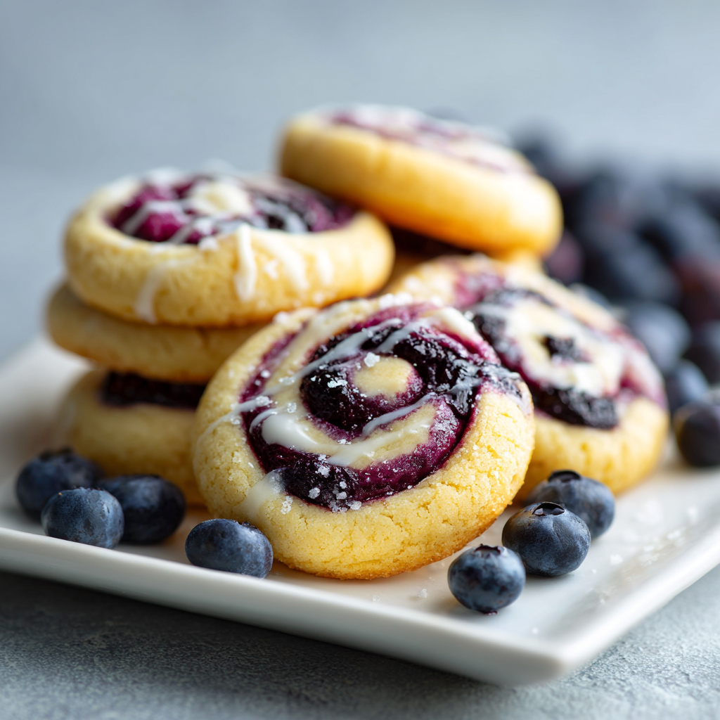 Easy Blueberry Cheesecake Swirl Cookies for Dessert Lovers 2 “Plate of Easy Blueberry Cheesecake Swirl Cookies topped with creamy drizzle, golden edges, and vibrant blueberry swirls, surrounded by fresh blueberries.”
