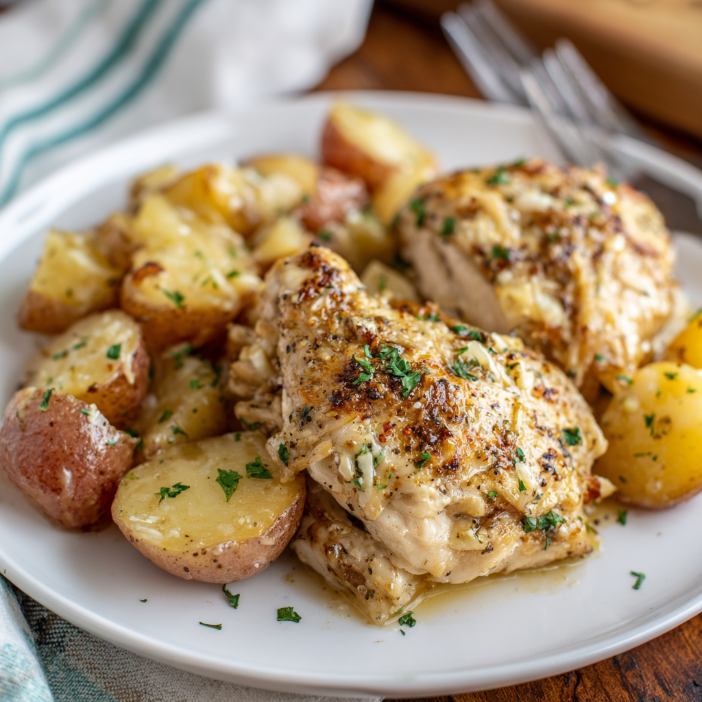 Garlic Parmesan Crockpot Chicken and Potatoes served on a white plate with creamy sauce