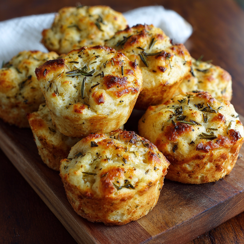 Garlic Rosemary Focaccia Muffins: A Flavorful Italian-Inspired Bread Recipe 2 Homemade garlic rosemary focaccia muffins with golden crust and fresh herbs on a wooden board.