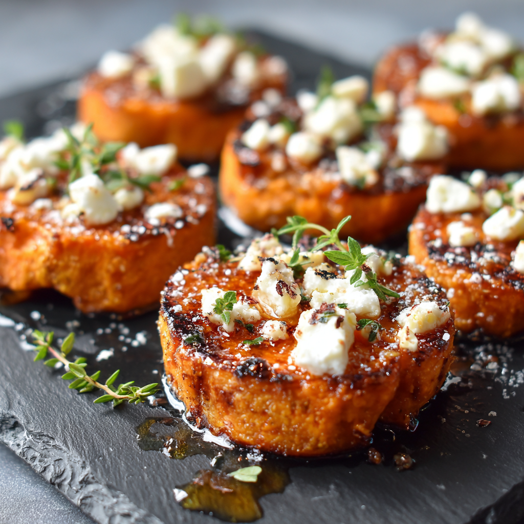 Honey Feta Sweet Potato Bites | Easy Appetizer Recipe 8 Roasted sweet potato rounds topped with crumbled feta cheese, honey drizzle, and fresh herbs served on a slate board.