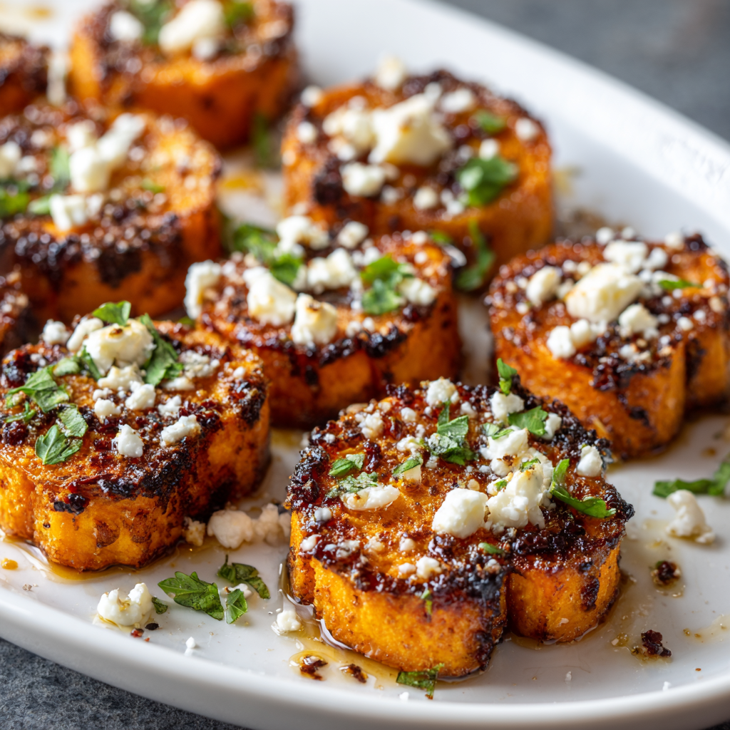 Honey Feta Sweet Potato Bites | Easy Appetizer Recipe 2 Close-up of roasted sweet potato rounds topped with crumbled feta cheese, honey drizzle, and fresh herbs on a white serving plate.